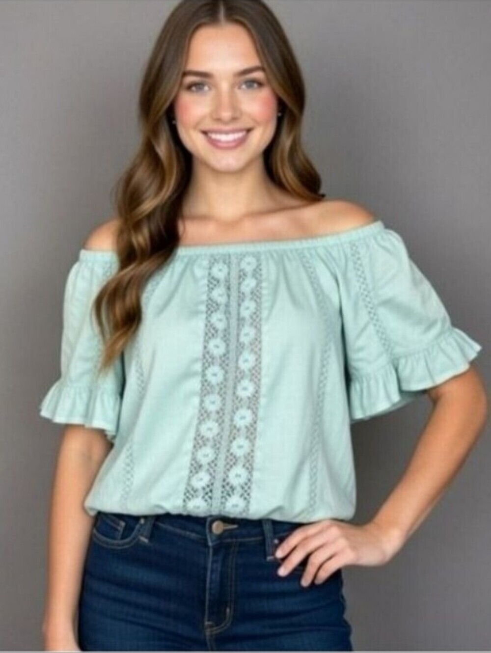 VENUS Sea Green Crochet Front Ruffle Sleeve Off The Shoulder Peasant Top Medium
